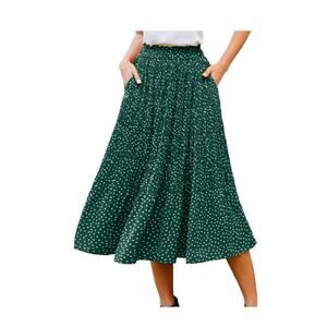 Women's Midi Skirt Green Polka Dot Pleated A-Line Flowy Swing High Waist Size S